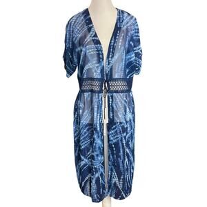 Dennis Basso Chiffon Duster Cover Up Lace Detail Blue Size Medium NEW
